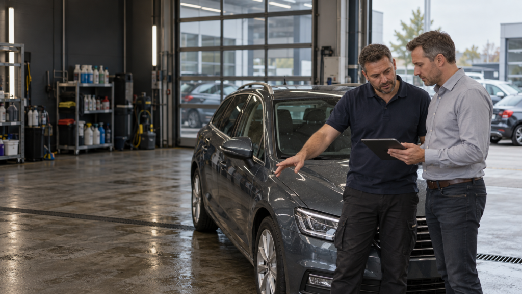 KI-Illustration: Autohaus-Mitarbeiter und Aufbereiter besprechen ein Fahrzeug gemeinsam mit einem Tablet.