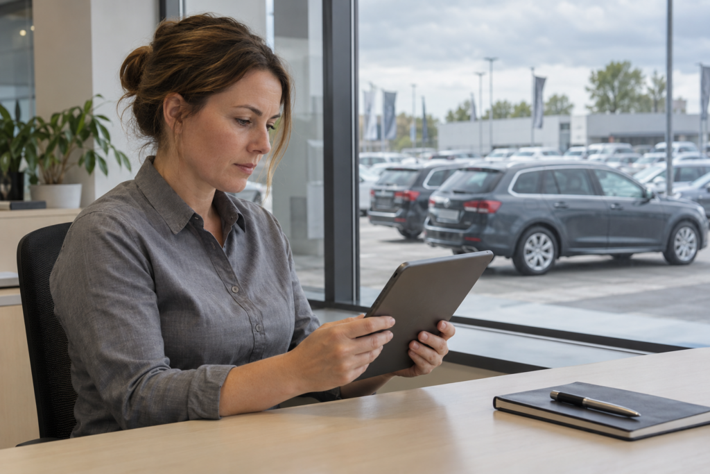 KI-Illustration: Eine Mitarbeiterin im Autohaus prüft Informationen auf einem Tablet; im Hintergrund stehen Gebrauchtwagen.