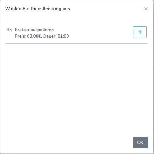 Echter DIO-Auswahldialog: Zusatzdienstleistung Kratzer auspolieren, Preis 63 Euro, Dauer 01:00; Vorgang VG-0015.