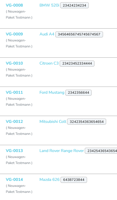 Originalausschnitt der DIO-Vorgangsübersicht mit mehreren Fahrzeugen einschließlich Range Rover VG-0013.