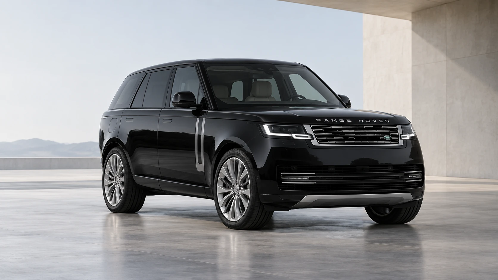 Schwarzer Range Rover in ruhiger Architektur. KI-generiertes illustratives Fahrzeugmotiv.
