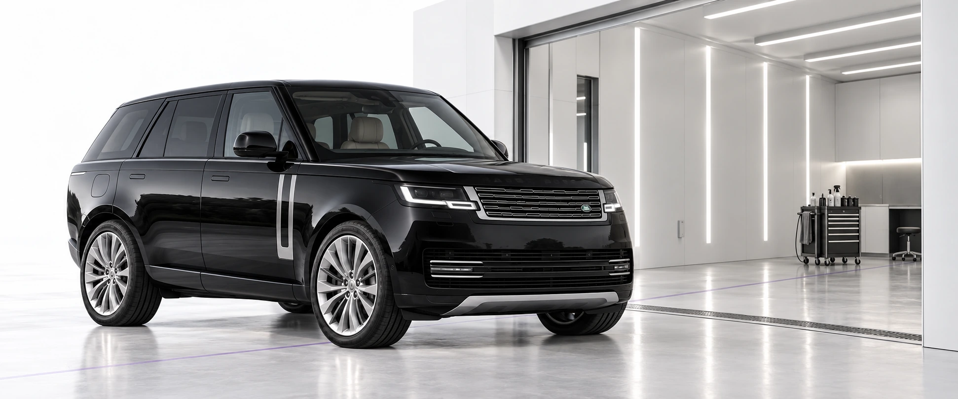 KI-generierte Illustration: schwarzer Range Rover vor einer hellen professionellen Aufbereitungshalle. Eine feine Prozesslinie führt in die Halle.
