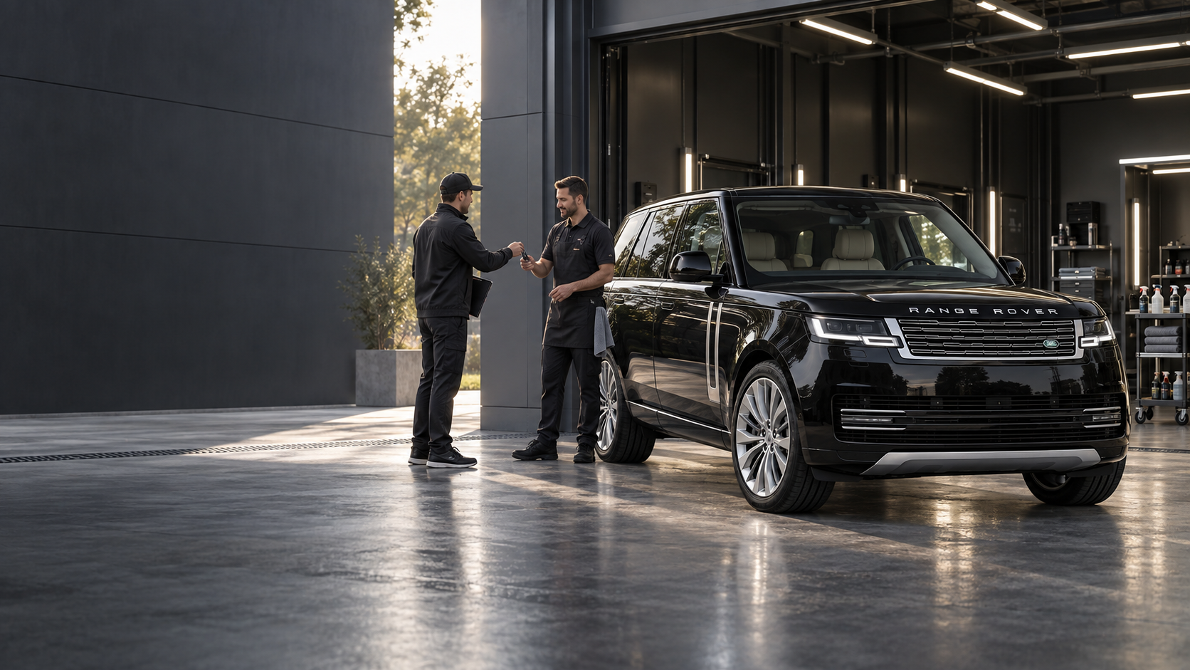 KI-generierte illustrative Szene: schwarzer Range Rover bei der Schlüsselübergabe am Eingang eines professionellen Aufbereitungsbetriebs.