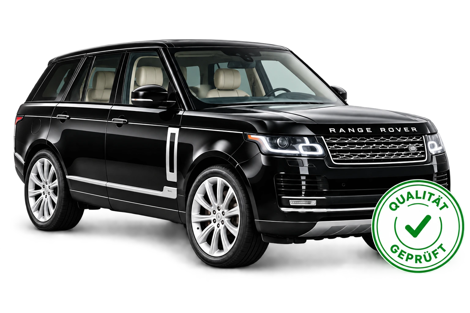 KI-generierte Illustration: frisch aufbereiteter schwarzer Range Rover mit illustrativem grünem Qualitätsstempel.
