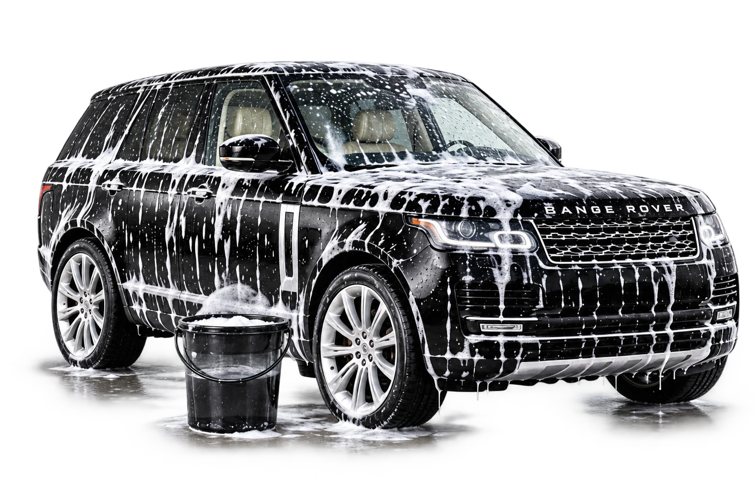 KI-generierte Illustration: eingeschäumter schwarzer Range Rover mit schwarzem halbtransparentem Wascheimer.