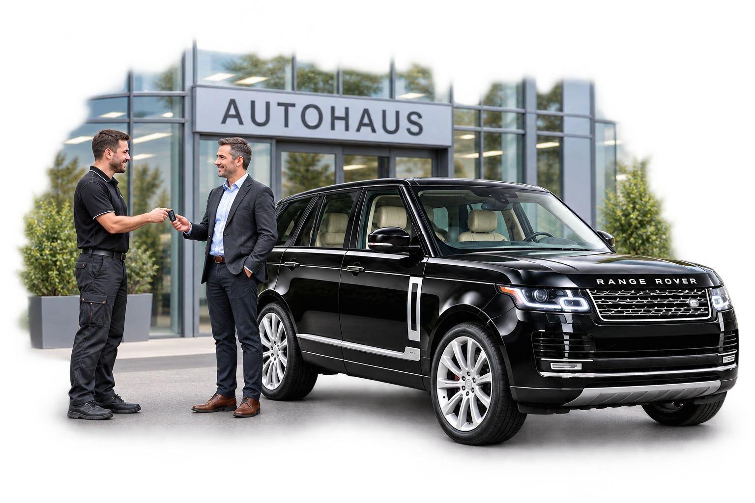 KI-generierte Illustration: Rückgabe eines aufbereiteten schwarzen Range Rovers mit Schlüsselübergabe vor dem Autohaus.